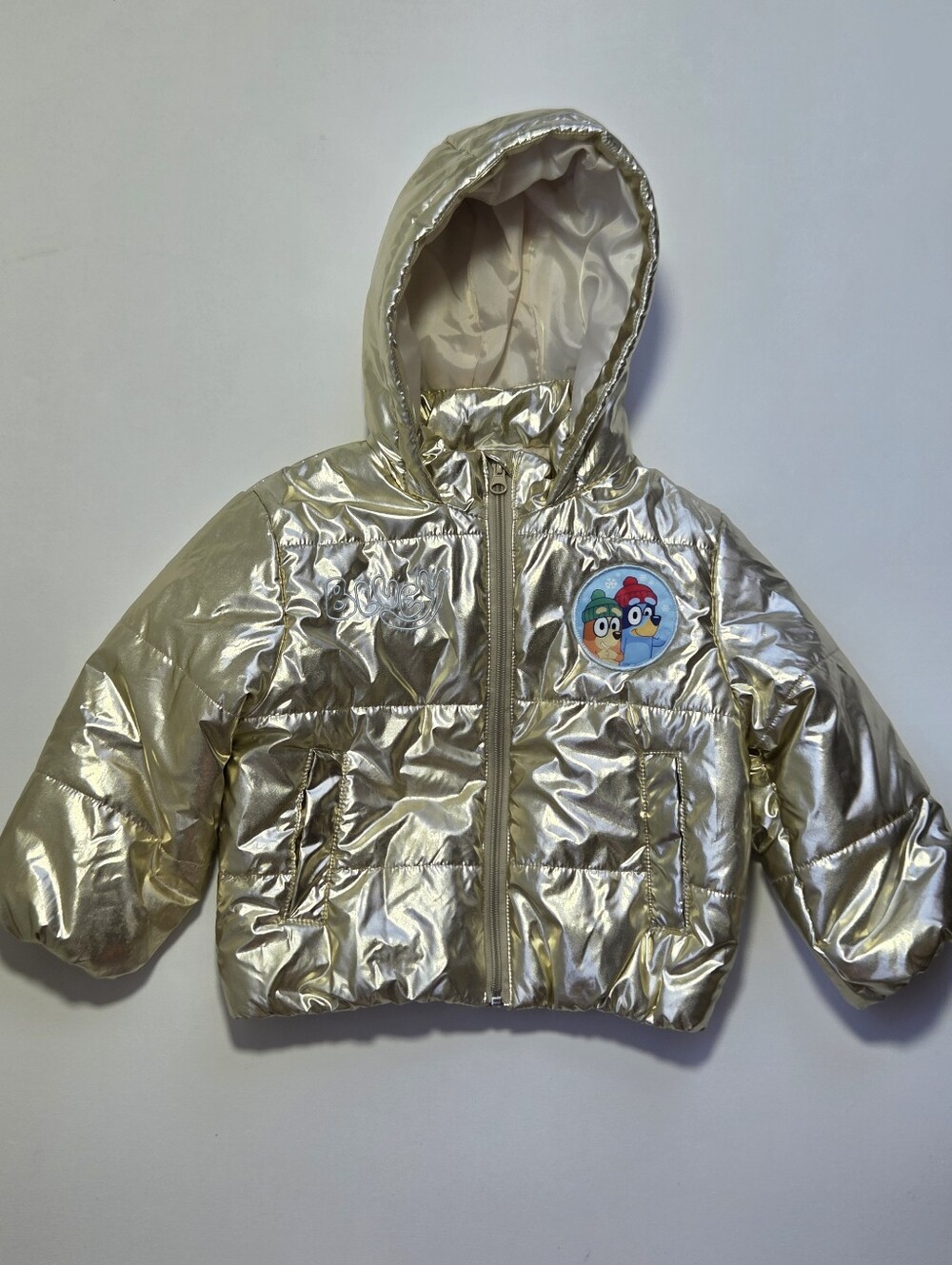 Bluey Bingo Girls Puffer Jacket 2T Metallic Gold Hooded Winter Coat Shiny